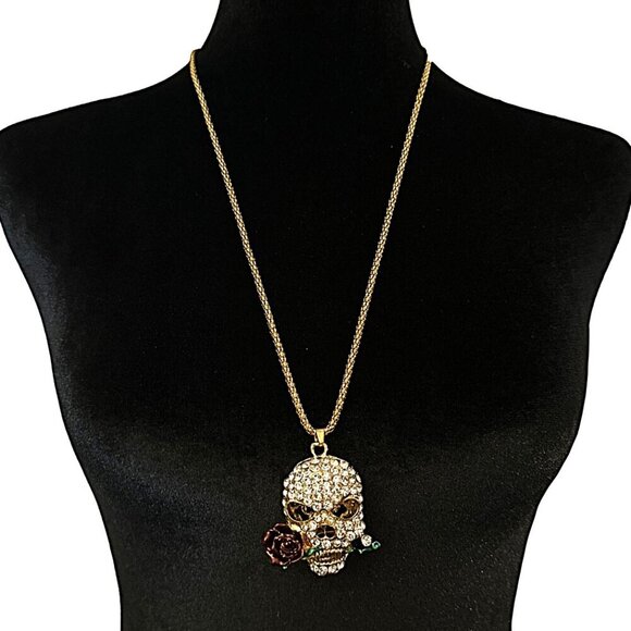 Rhinestone Skull Pendant Long Chain Necklace Purple Rose Fun - Picture 1 of 4